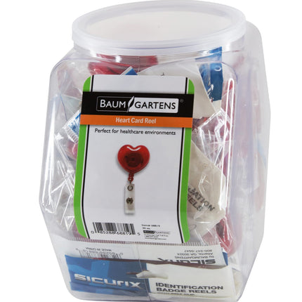 SICURIX ID Badge Reels Heart Shaped Round Belt Clip Strap Hexagonal Tub Display of 30 RED (68819)