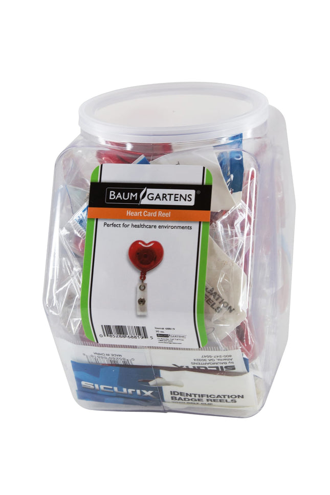 SICURIX ID Badge Reels Heart Shaped Round Belt Clip Strap Hexagonal Tub Display of 30 RED (68819)
