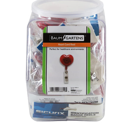 SICURIX ID Badge Reels Heart Shaped Round Belt Clip Strap Hexagonal Tub Display of 30 RED (68819)