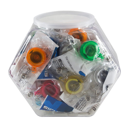 SICURIX ID Badge Reels Translucent Round Belt Clip Strap Hexagonal Tub Display of 48 ASSORTED Colors (68859)