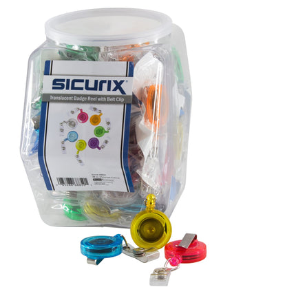 SICURIX ID Badge Reels Translucent Round Belt Clip Strap Hexagonal Tub Display of 48 ASSORTED Colors (68859)