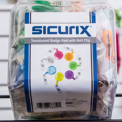 SICURIX ID Badge Reels Translucent Round Belt Clip Strap Hexagonal Tub Display of 48 ASSORTED Colors (68859)