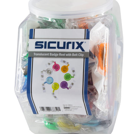 SICURIX ID Badge Reels Translucent Round Belt Clip Strap Hexagonal Tub Display of 48 ASSORTED Colors (68859)