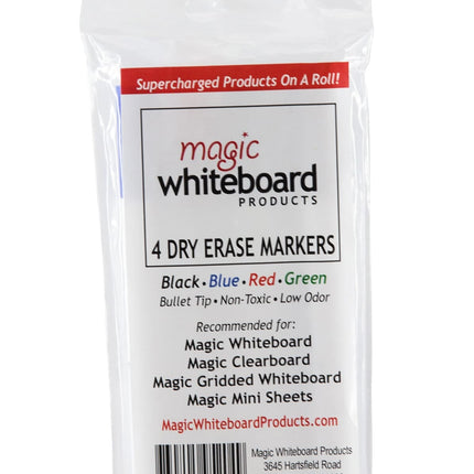 Magic Whiteboard Dry Erase Markers | BLACK BLUE GREEN RED | Low-Odor | Non-Toxic (MW5204)