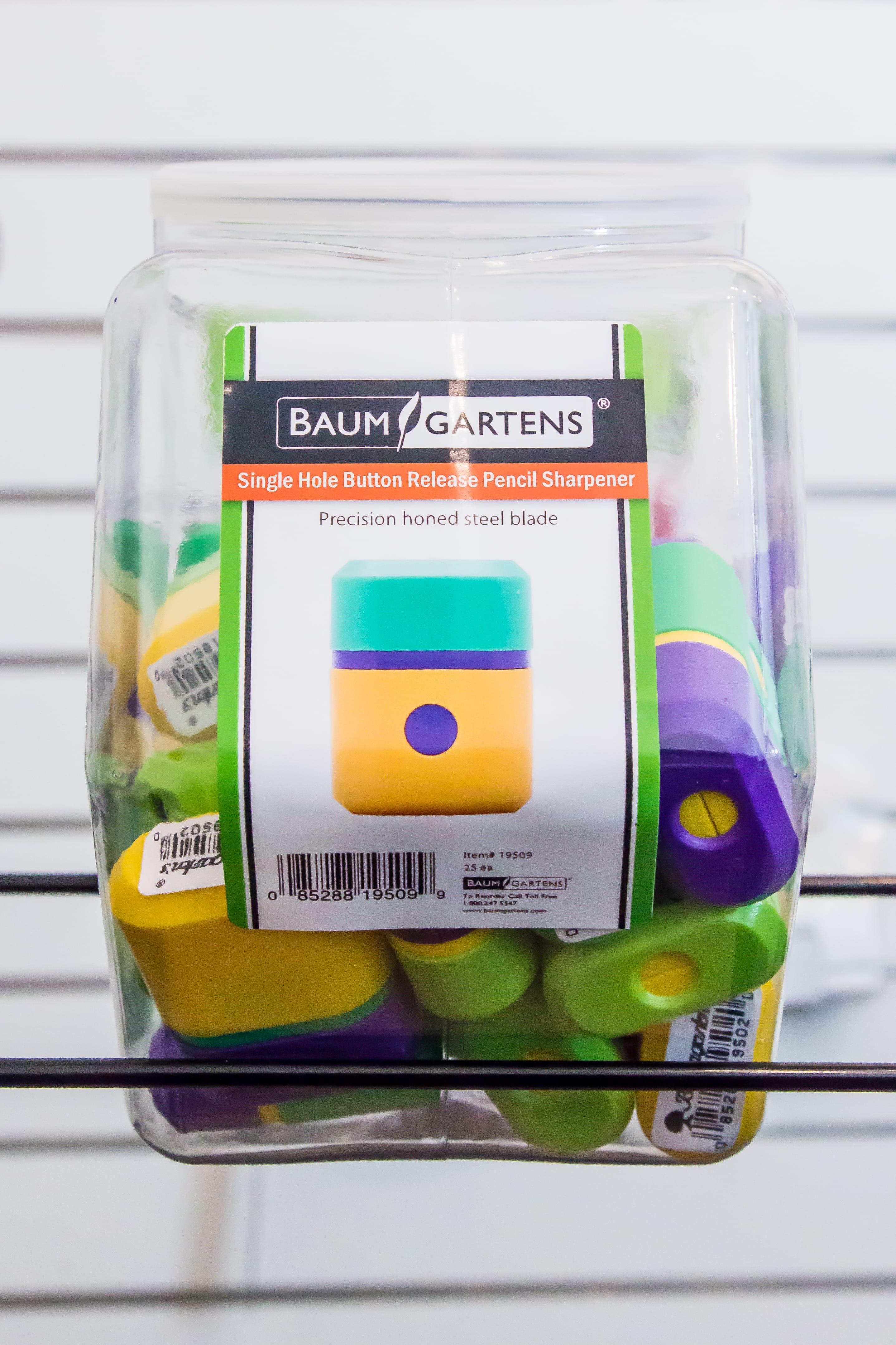 Baumgartens Pencil Sharpeners Button Release Single Hole Hexagonal Tub Display of 25 ASSORTED Colors (19509)