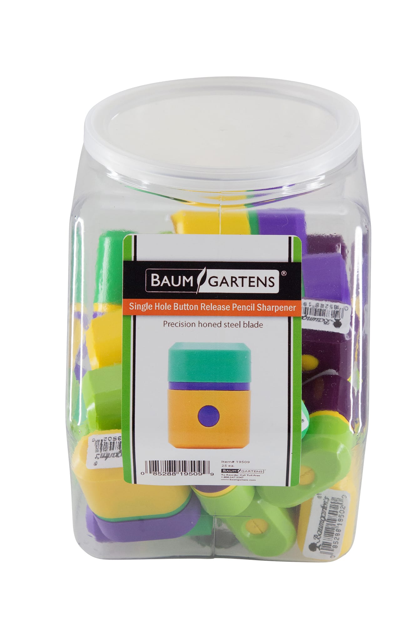 Baumgartens Pencil Sharpeners Button Release Single Hole Hexagonal Tub Display of 25 ASSORTED Colors (19509)