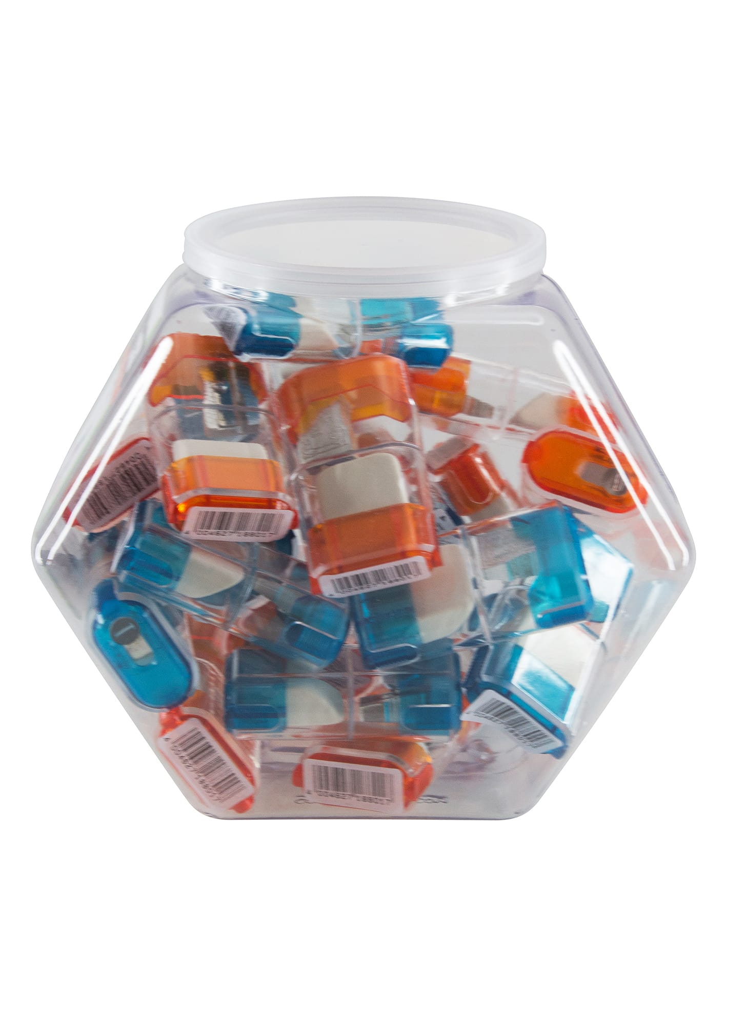Baumgartens Pencil Sharpeners Trap Door with Eraser Single Hole Hexagonal Tub Display of 25 ASSORTED Colors (19559)