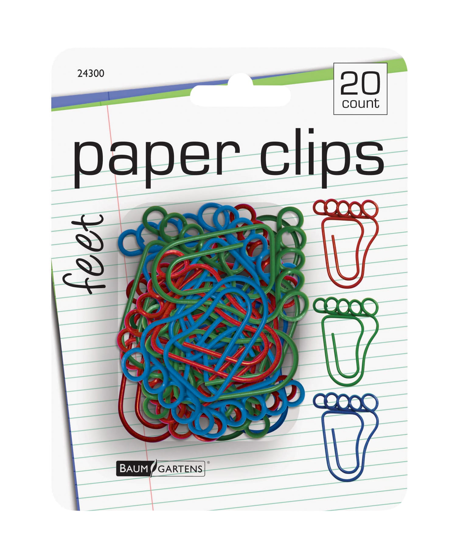 Baumgartens Footprints Paper Clips 20 Pack ASSORTED Colors (24300)