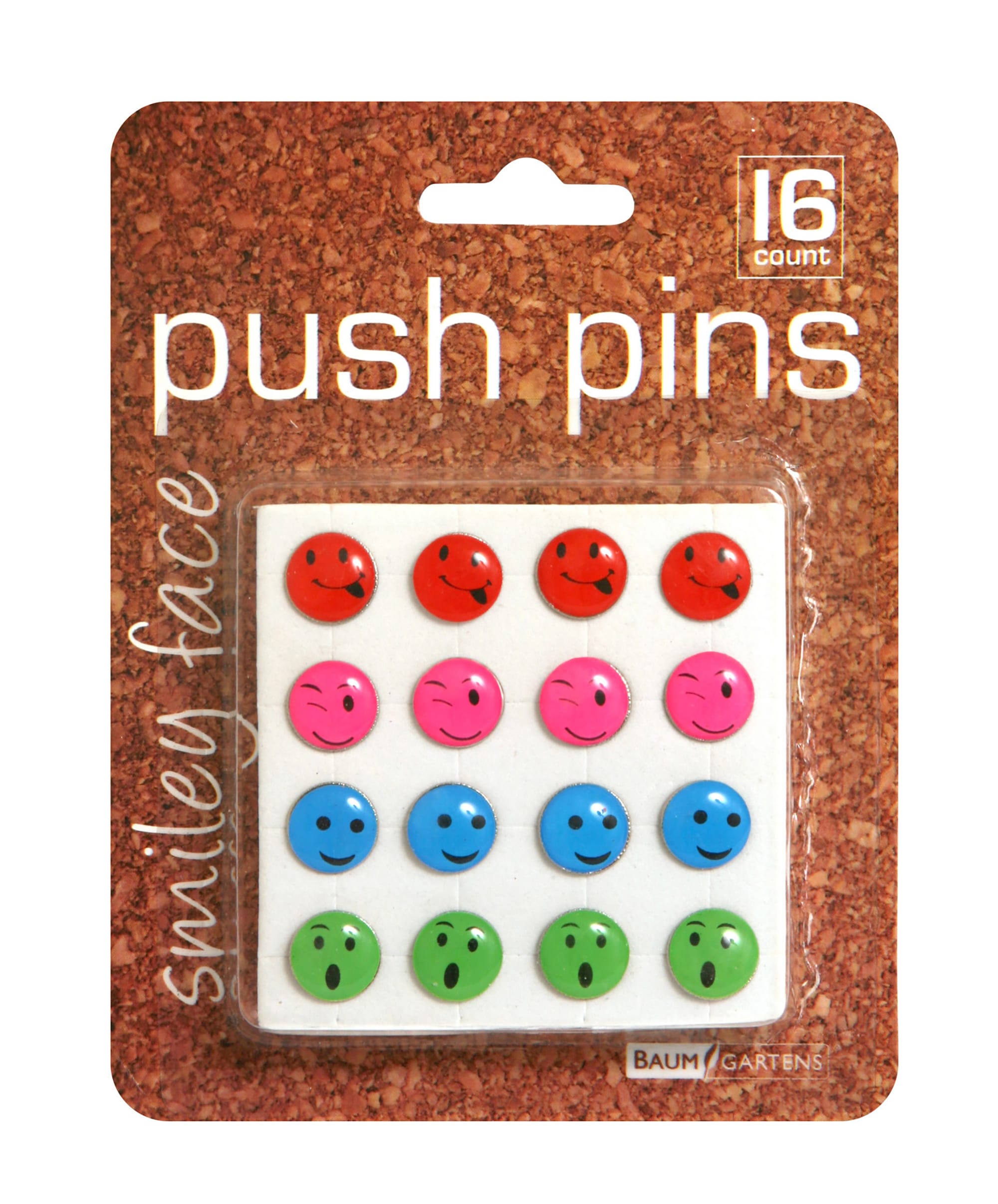 Baumgartens Smiley Face Smiley Face Pushpins 16 Pack ASSORTED Colors (29830)