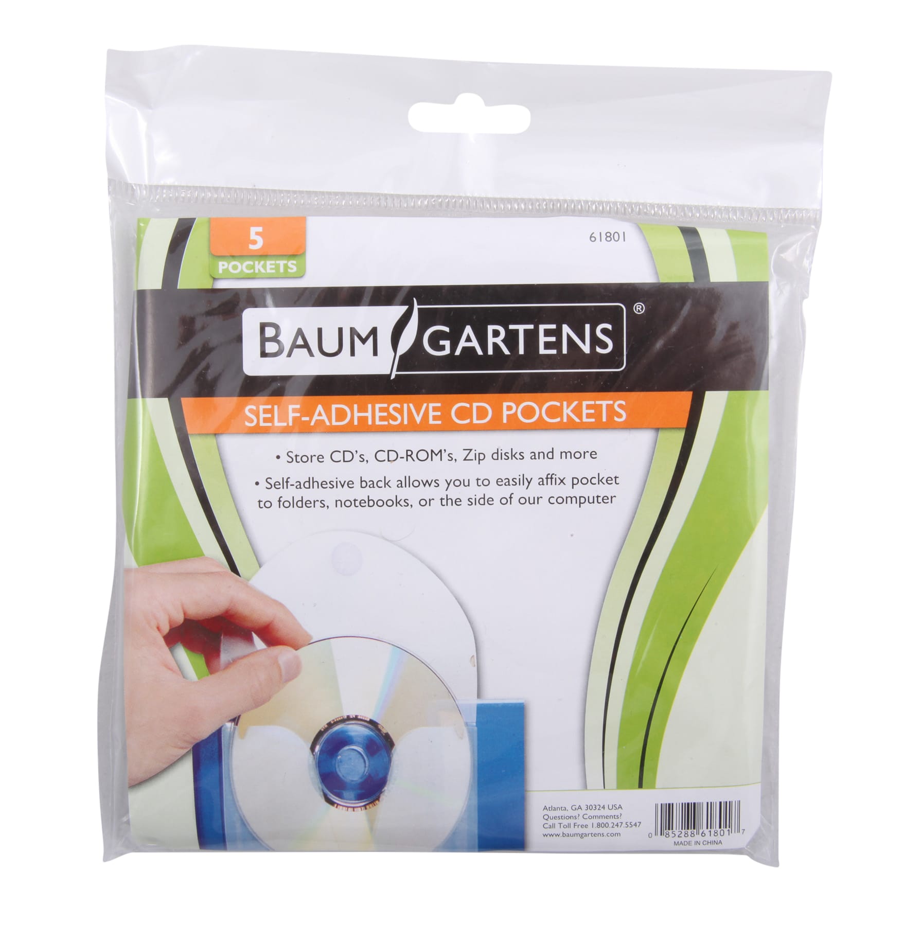 Baumgartens Top Loaded Adhesive CD/DVD Pockets 1 CD/DVD 5 Pack CLEAR (61801)